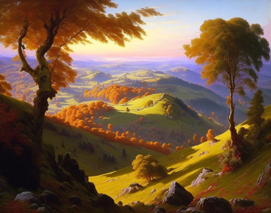 Tranquil autumn scene: vibrant trees, gentle hills, and warm, golden sky