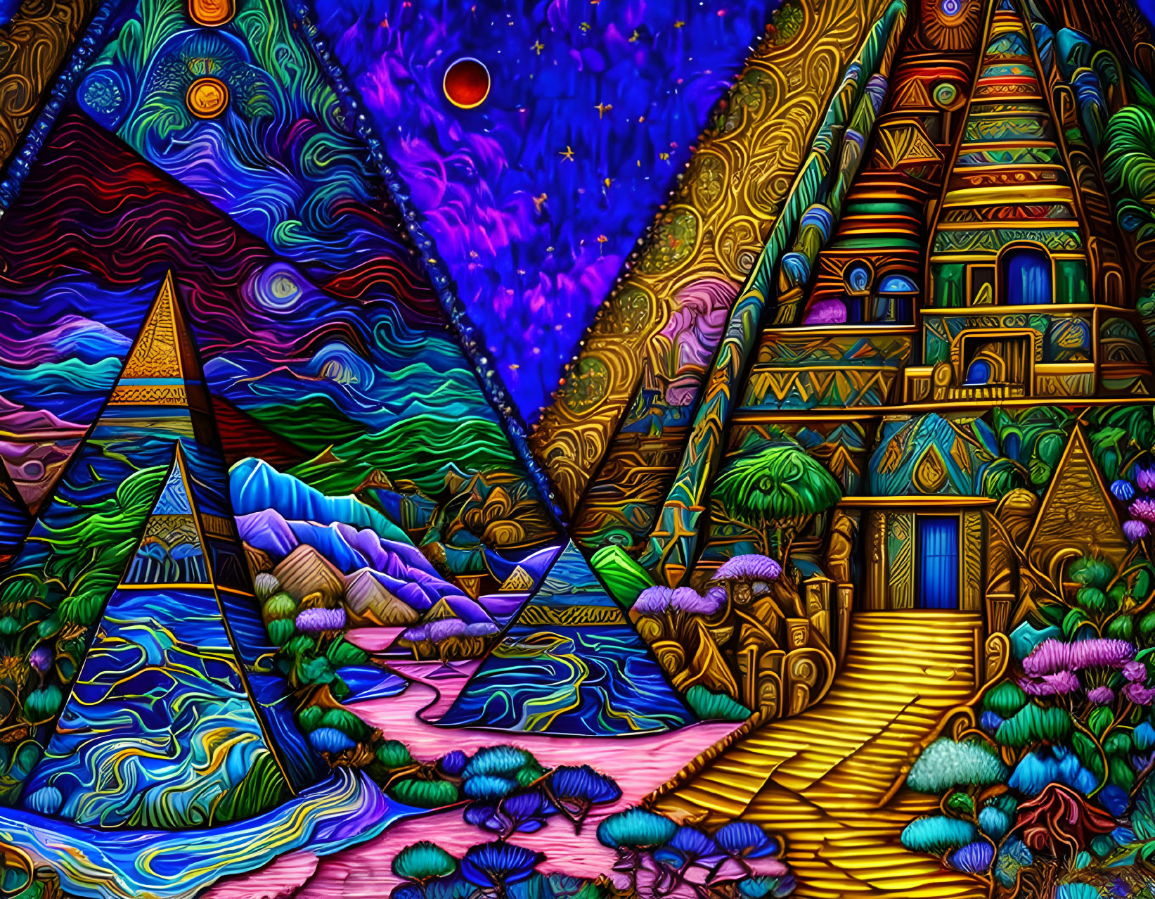 Colorful Psychedelic Artwork: Pyramids, Starry Sky, Mountains, Trees & Water