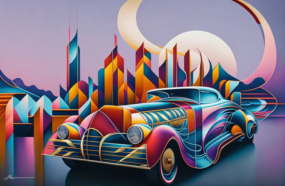 Colorful Stylized Classic Car in Surreal Cityscape at Night