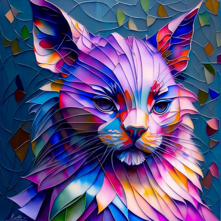 Vibrant cat artwork with fragmented glass-like patterns