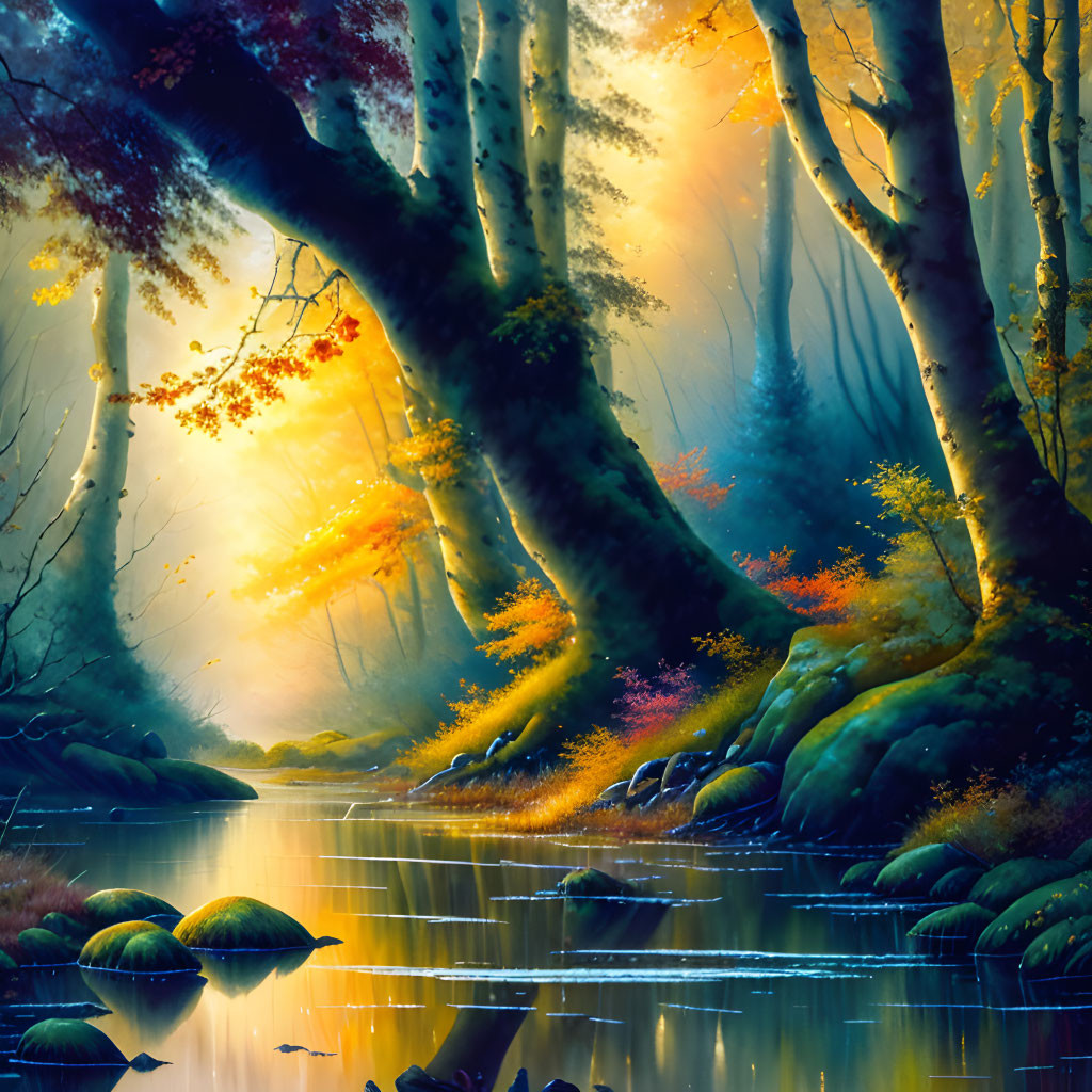 Enchanted forest with golden sunlight, serene river, autumn foliage