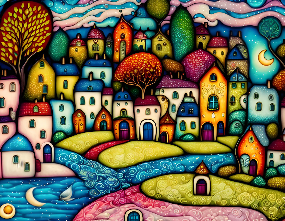 Colorful town illustration with rolling hills, whimsical houses, and moonlit sky