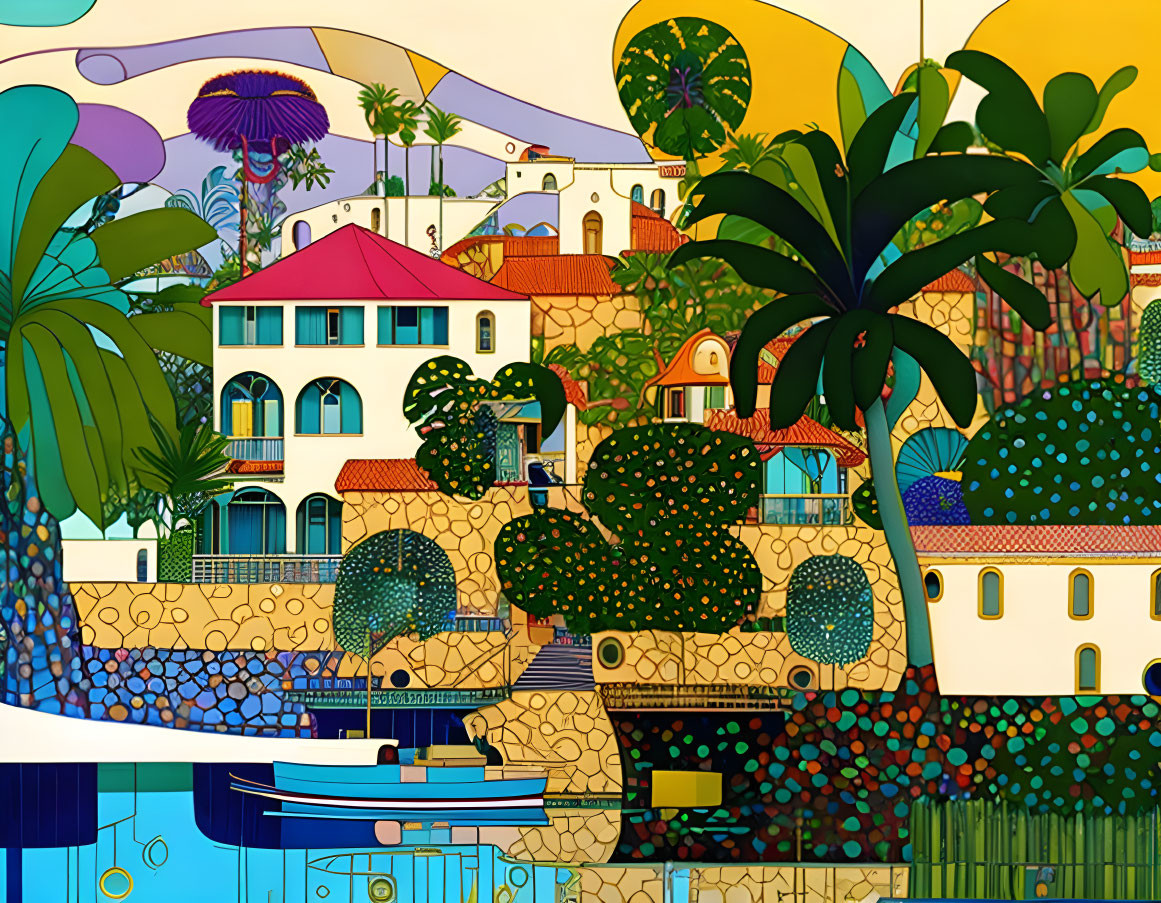 Vibrant coastal scene with stylized buildings, palm trees, boats, hills, and bright sky