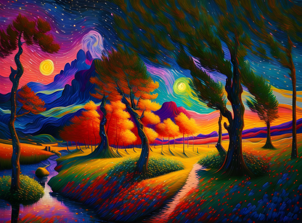 Whimsical landscape with vibrant trees and starry reflections