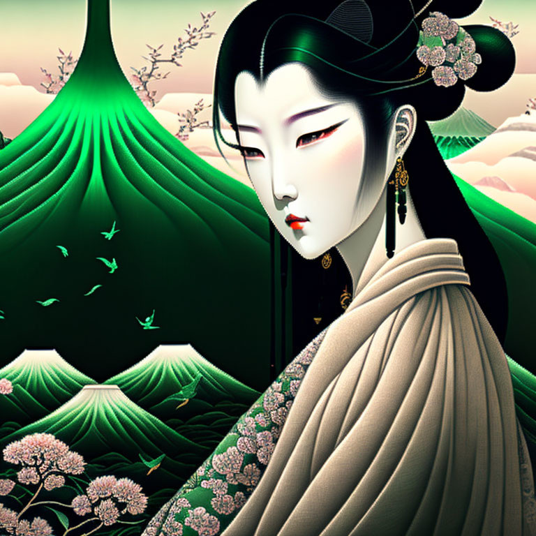 Stylized woman with black hair in traditional attire among green hills and pink flowers