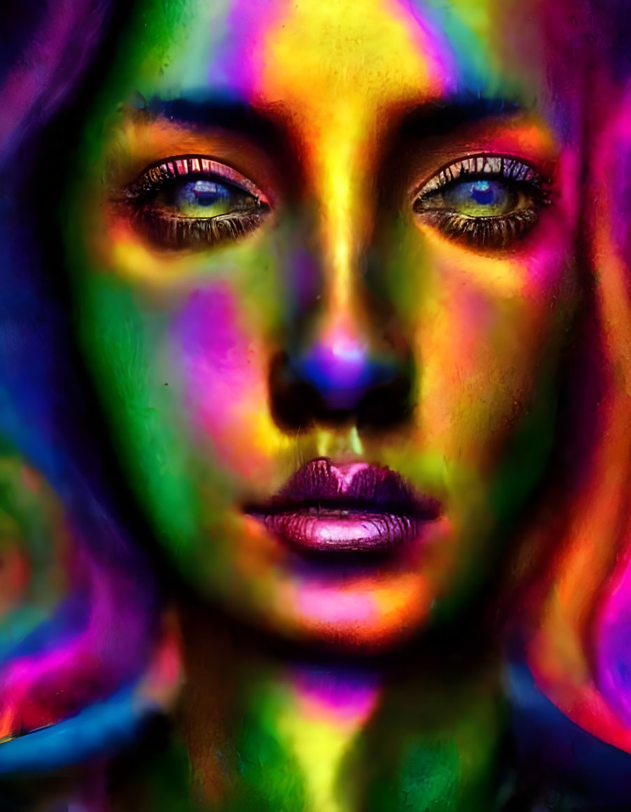 Vibrant portrait of a woman in purple, yellow, green, and pink