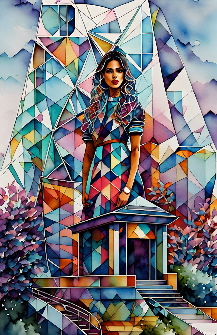 Colorful Geometric Background with Woman and Gazebo Structure