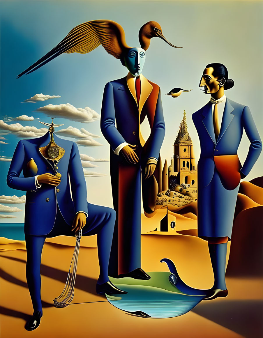 Surreal painting of three elongated figures in suits in desert landscape