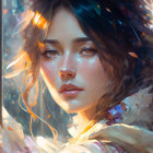 Digital painting of woman with soft features among delicate flowers in warm light