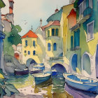 Colorful Watercolor Painting of European Canal Scene