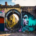 Colorful woman's face graffiti on abandoned building wall with archway and vegetation.