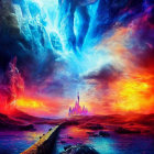 Fantastical landscape with castle, ice and fire elements under vivid sky