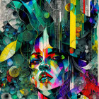 Vibrant abstract portrait of a woman with geometric and organic patterns