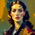 Vintage-style portrait of a woman against yellow background in vibrant painting style