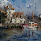 Scenic watercolor painting: village by water, boats, cloudy sky