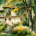 Autumn-themed watercolor painting of a two-story house in a lush green setting