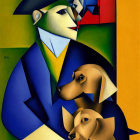 Colorful Cubist Painting: Cloaked Figure with Hat and Two Dogs