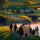 Scenic rural sunset with people walking towards river bridge