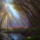 Enchanted forest with vibrant trees and tranquil stream