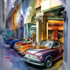 Vibrant Street Scene with Colorful Vintage Cars and Artistic Shadows