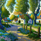 Stylized image: Quaint village, thatched-roof cottages, lush green trees,