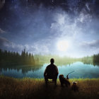 Person and dog on bench by lake under starry night sky with full moon.