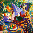 Colorful painting of young man with teapot and cup on dynamic background