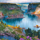 Colorful Landscape Illustration: River, Lake & Cliffs