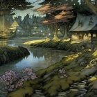 Tranquil village twilight scene by river with thatched-roof cottages