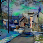 Snowy village with thatched-roof cottages and gentle river at dusk