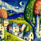 Whimsical village painting with white houses and moonlit sky