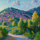 Pastoral oil painting: golden trees, quaint houses, rolling hills, pink clouds