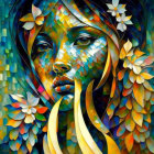 Abstract Woman's Face Art: Flowing Blue & Gold Lines, Tears & Elegance