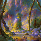 Serene forest landscape with towering trees, gentle stream, sunbeams, and scattered rocks.