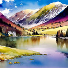 Scenic Watercolor Painting: Tranquil Lake, Colorful Mountains, Charming House