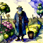 Elderly man with beard and hat in colorful garden with flowers