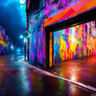 Colorful graffiti-covered urban alley at night with blue street lights reflecting on wet pavement