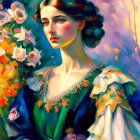 Illustrated Woman with Serene Expression and Vibrant Flowers