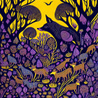 Colorful forest wildlife illustration with wolf, birds, and deer in vibrant hues