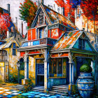 Colorful Impressionistic Painting of Charming Street and Autumnal Trees