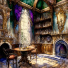 Fantastical room with tall window, wooden shelves, round table, chairs, and fireplace