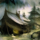 Eerie illustrated scene: Beached ship, twisted trees, ancient structures