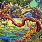 Vibrant Painting of a Whimsical Tree by a River