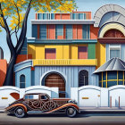 Vibrant art deco buildings, vintage car, autumn trees, blue sky