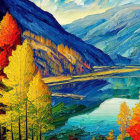 Scenic autumn landscape: vibrant trees, golden-orange leaves, blue lake, and distant mountains