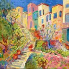 Vibrant Watercolor of Sunlit Building and Garden