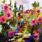 Pink flowers blooming over tranquil river in vibrant oil painting