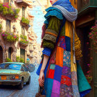 Colorful Patchwork Clothes: Stylish Woman in Old European Street