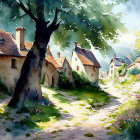 Charming village scene with thatched cottages, blossoming tree, and cobblestone path