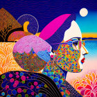 Colorful Woman's Profile Illustration Against Moonlit Landscape